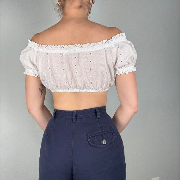 White eyelet off the shoulder lace up milkmaid cropped top - fits like small - Picture 4 of 8